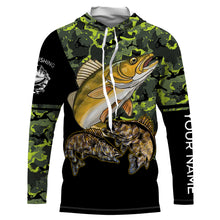 Load image into Gallery viewer, Walleye fishing black green camo personalized custom name sun protection long sleeve fishing shirts NQS3849