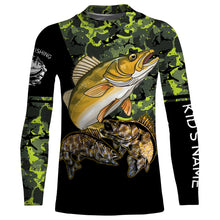 Load image into Gallery viewer, Walleye fishing black green camo personalized custom name sun protection long sleeve fishing shirts NQS3849