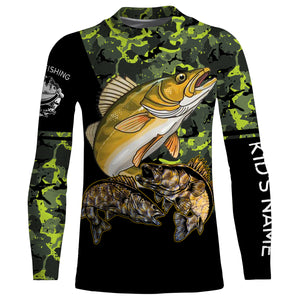 Walleye fishing black green camo personalized custom name sun protection long sleeve fishing shirts NQS3849