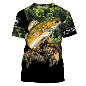 Walleye fishing black green camo personalized custom name sun protection long sleeve fishing shirts NQS3849