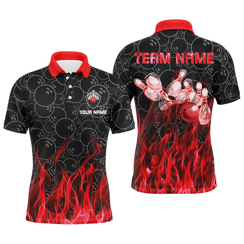 Personalized Men polo Bowling Shirt Red Flame Bowling Ball and Pins camo bowling jersey for men Bowler NQS6739