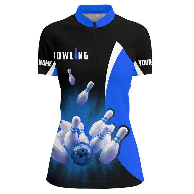 Custom bowling shirts retro black blue Bowling Quarter Zip shirts for women, Bowling team jersey NQS6935