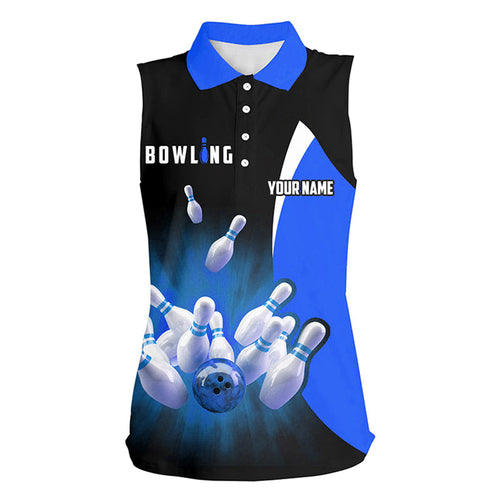 Custom bowling shirts retro black blue Bowling sleeveless polo shirts for women, Bowling team jersey NQS6935