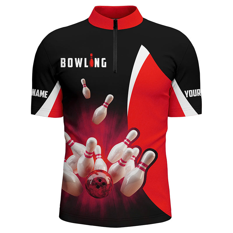 Custom bowling shirts retro black and red Bowling Quarter Zip shirts for men, Bowling team jersey NQS6936