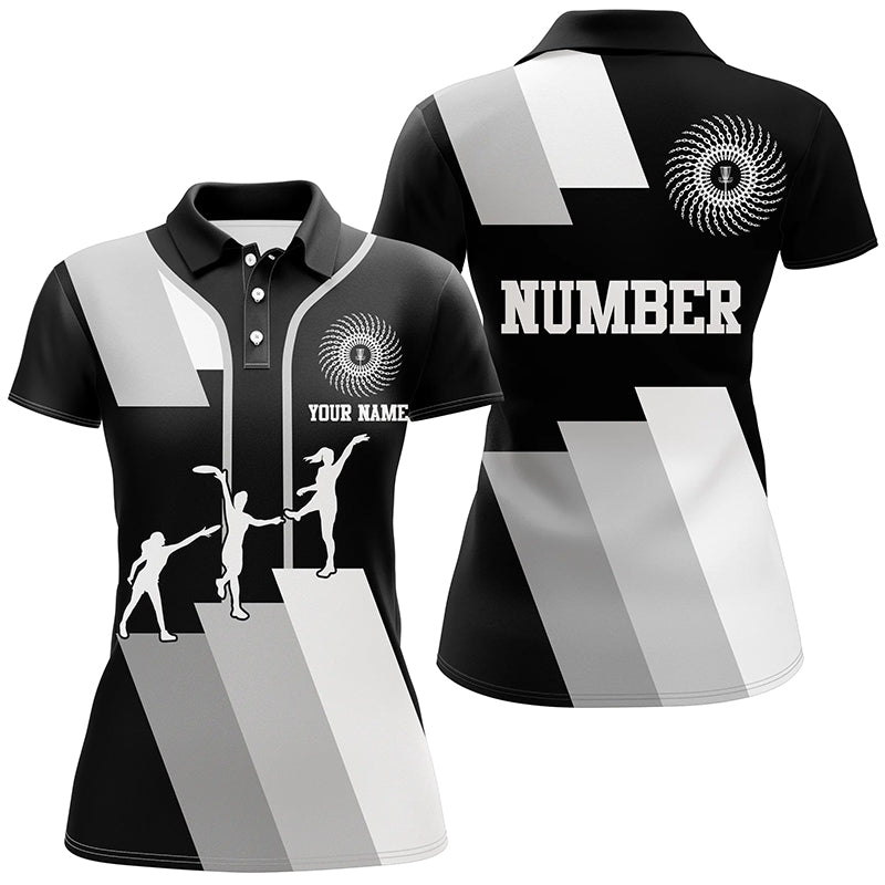 Black and white Womens disc golf polo shirts custom disco golf outfit, personalized disc golf gifts NQS6753