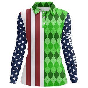 Womens golf polo shirts American flag patriotic custom green argyle pattern golf top for ladies NQS6492