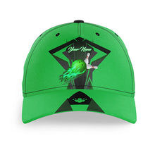 Load image into Gallery viewer, Green Flame Bowling Ball and Pins Custom Bowling Hat, Bowling Cap for team, gift for Bowlers NQS7231
