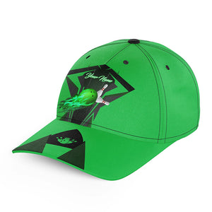 Green Flame Bowling Ball and Pins Custom Bowling Hat, Bowling Cap for team, gift for Bowlers NQS7231