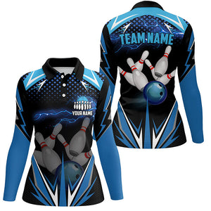 Black Women Bowling Polo Shirt Custom blue lightning team Ladies Bowlers Jerseys bowling outfits NQS6506