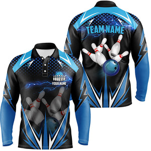 Black Men Bowling Polo Shirt Custom blue lightning team Mens Bowlers Jerseys bowling outfits NQS6506