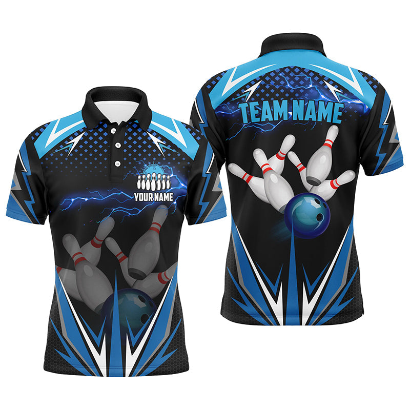 Black Men Bowling Polo Shirt Custom blue lightning team Mens Bowlers Jerseys bowling outfits NQS6506