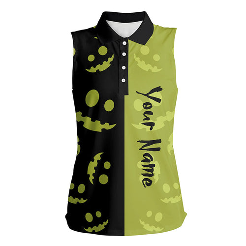 Black and lime green Halloween pumpkin Womens sleeveless polo shirt custom team golf jersey for ladies NQS6509