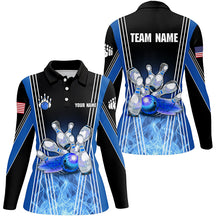 Load image into Gallery viewer, Blue flame bowling polo shirts for women Custom Team girl bowling jerseys, gift for bowlers NQS7237