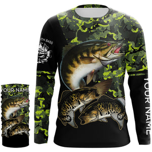 Smallmouth Bass fishing black green camo custom name sun protection long sleeve fishing shirts NQS3869