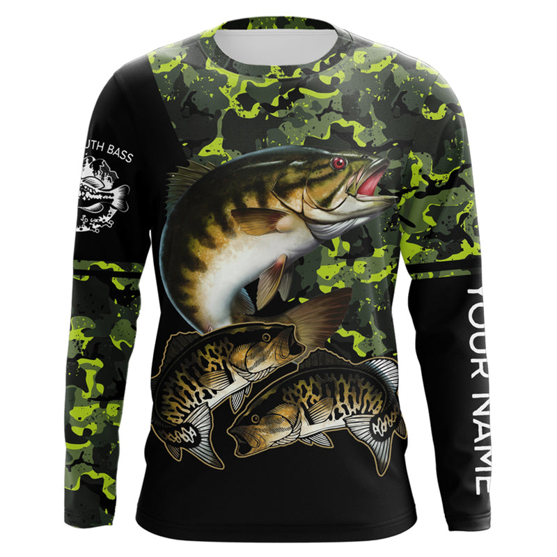 Smallmouth Bass fishing black green camo custom name sun protection long sleeve fishing shirts NQS3869