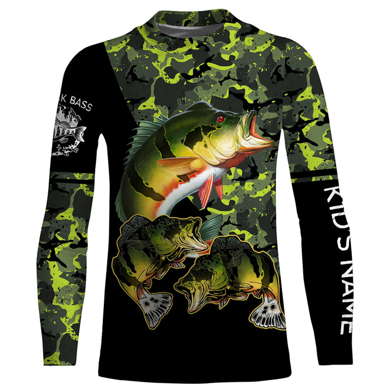 Peacock Bass fishing black green camo custom name sun protection long sleeve fishing shirts NQS3870