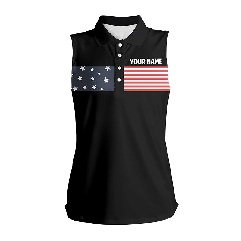 American flag black Womens sleeveless polo shirt custom patriotic golf tops for womens, golf gifts NQS6291