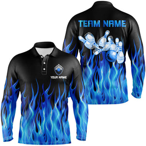 Personalized Men polo Bowling Shirt Blue Flame Bowling Ball Pins bowling jerseys for men Bowler NQS6982