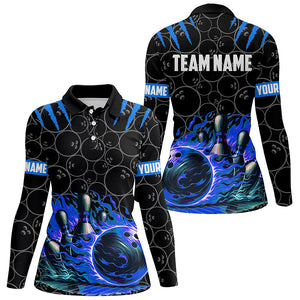 Women bowling polo shirts Custom black blue flame bowling shirt, Bowling Team Jerseys gift for bowlers NQS7127