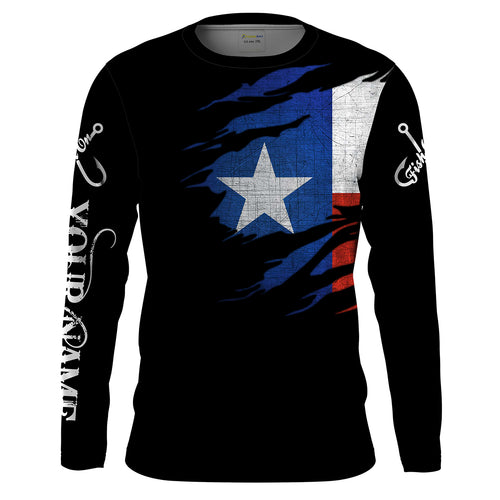 TX fishing fish on black Texas flag Customize name long sleeves fishing shirts NQS1582