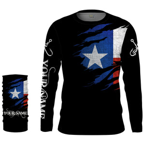 TX fishing fish on black Texas flag Customize name long sleeves fishing shirts NQS1582