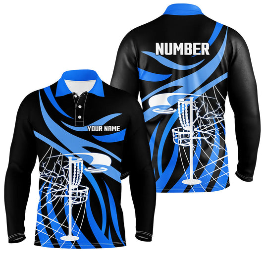 Mens disc golf polo shirt custom name black and blue disc golf basket, personalized disc golf shirts NQS7244