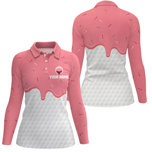 Women golf polo shirts custom pink Ice Cream Melting On Golf Ball, golf gifts for ladies NQS6995