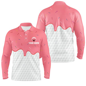 Mens golf polo shirts custom pink Ice Cream Melting On Golf Ball, golf gifts for mens NQS6995