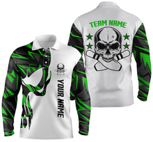 Load image into Gallery viewer, Green and white Bowling polo shirts for men custom name, team name Skull Bowling, team bowling shirt NQS4699