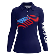 Load image into Gallery viewer, Womens golf polos shirts custom American flag patriot golf apparel, coolest ladies polo shirts | Navy NQS7146