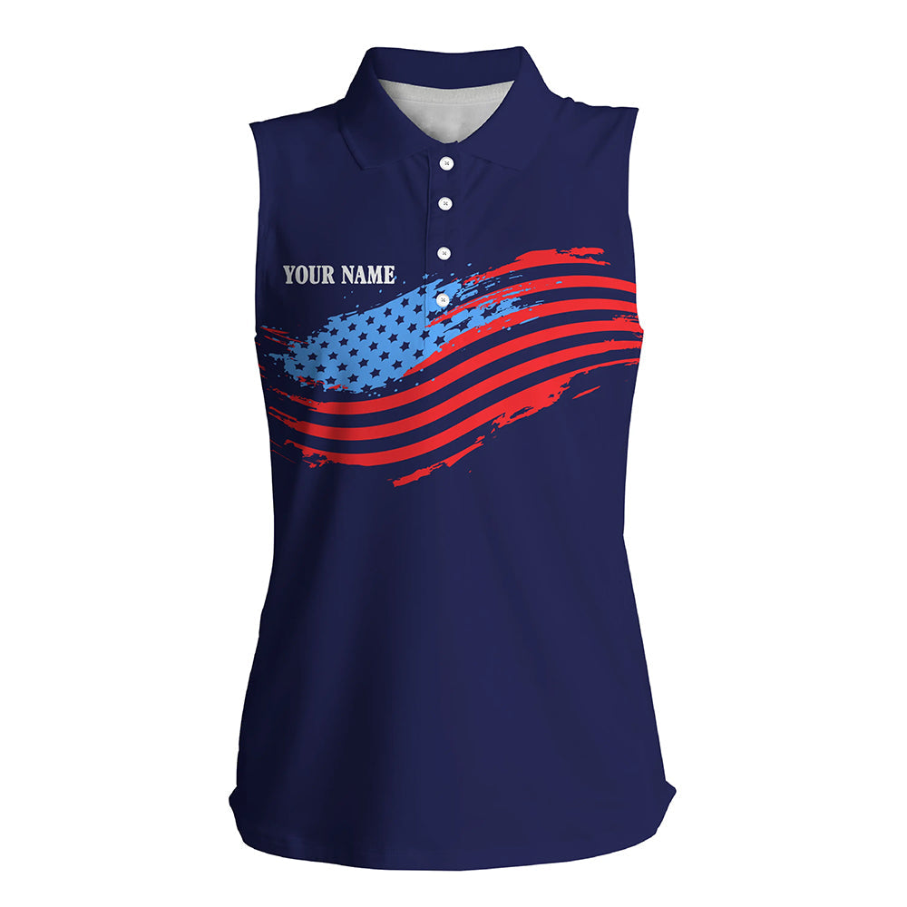 Womens sleeveless golf polos shirts custom American flag patriot golf apparel for ladies | Navy NQS7146