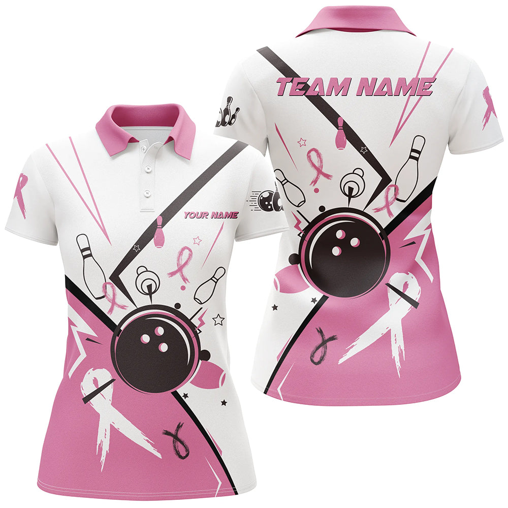 Pink ribbon breast cancer awareness bowling jerseys Custom Team Bowling Polo Shirt For Women | White NQS7245
