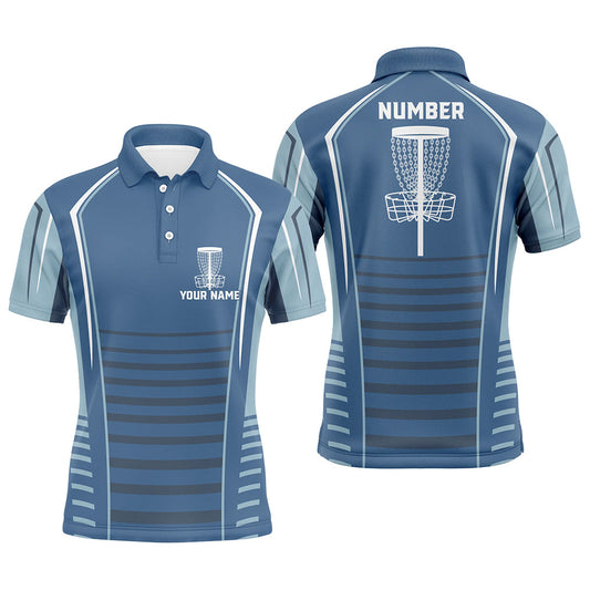 Mens disc golf polo shirts custom blue pattern disc golf basket, personalized disc golf outfit NQS7249