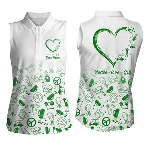 Womens sleeveless polo shirts custom green heart peace love golf, personalized golf shirts for women NQS5147