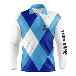 Mens golf polos shirts custom name blue and white golf pattern, personalized golf gifts NQS4516