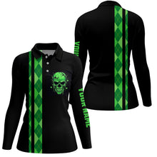 Load image into Gallery viewer, Personalized green argyle plaid skull Womens golf polo shirts, custom black golf apparel for ladies NQS7269