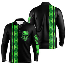 Load image into Gallery viewer, Personalized green argyle plaid skull Mens golf polo shirts, custom black golf apparel for mens NQS7269