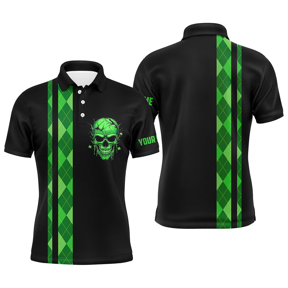 Personalized green argyle plaid skull Mens golf polo shirts, custom black golf apparel for mens NQS7269