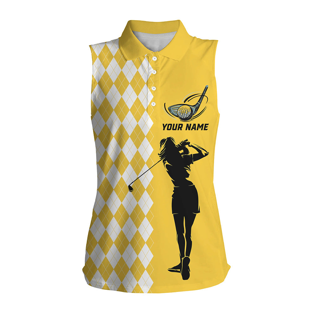 Personalized white argyle plaid pattern Women sleeveless golf polo shirts, Yellow golf tops for ladies NQS7271