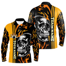 Load image into Gallery viewer, Mens Bowling polo shirts Custom black and yellow flame skull Bowling ball and pins Team league Jerseys NQS7275