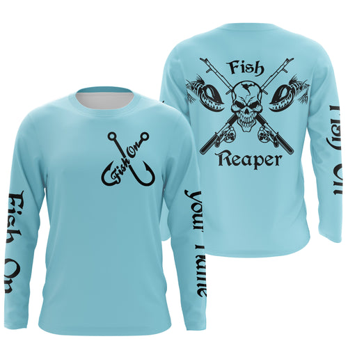 Fish Reaper Fish on Custom Name 3D All over printed Fishing Shirts light blue fishing shirts, fishing jerseys NQS2812