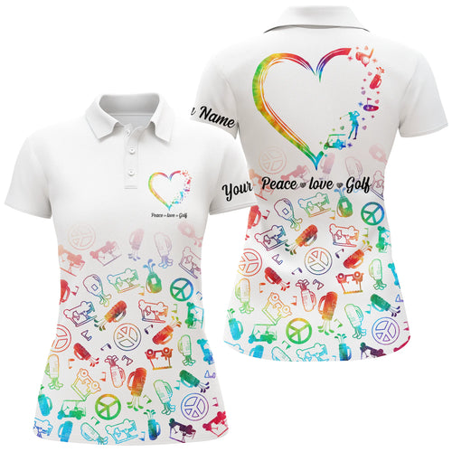 Womens golf polo shirts custom name watercolor peace love golf, personalized golf shirt for women NQS4905