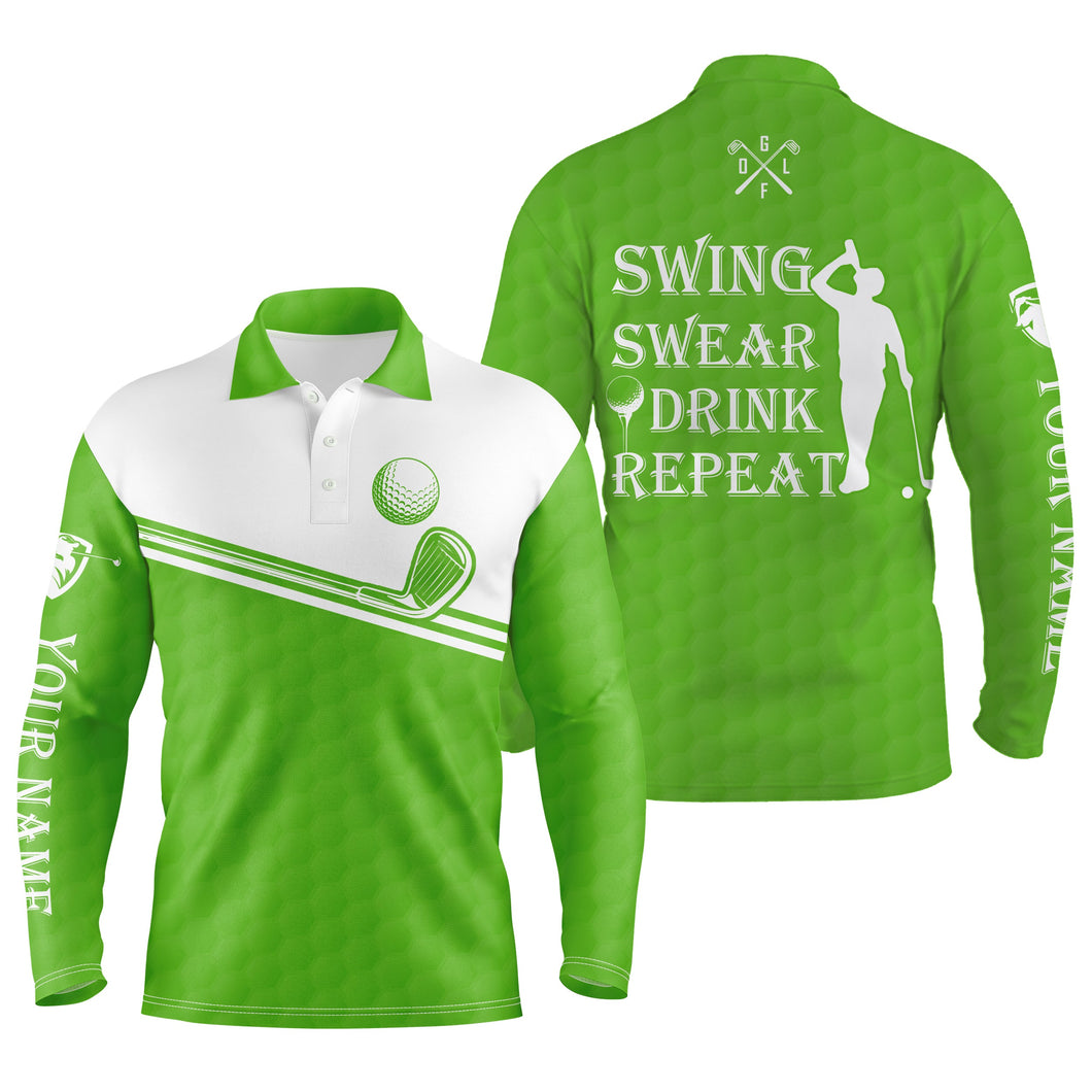 Mens golf polo shirt swing swear drink repeat custom name green white men golf shirts NQS4324