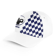 Load image into Gallery viewer, Blue argyle plaid pattern custom white golfer hat, personalized sun hat for mens golf gifts NQS6842