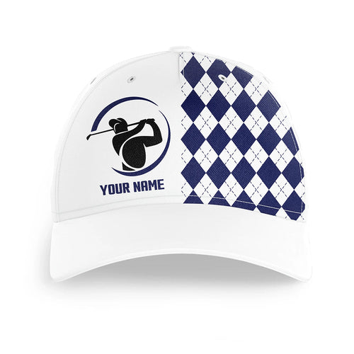 Blue argyle plaid pattern custom white golfer hat, personalized sun hat for mens golf gifts NQS6842