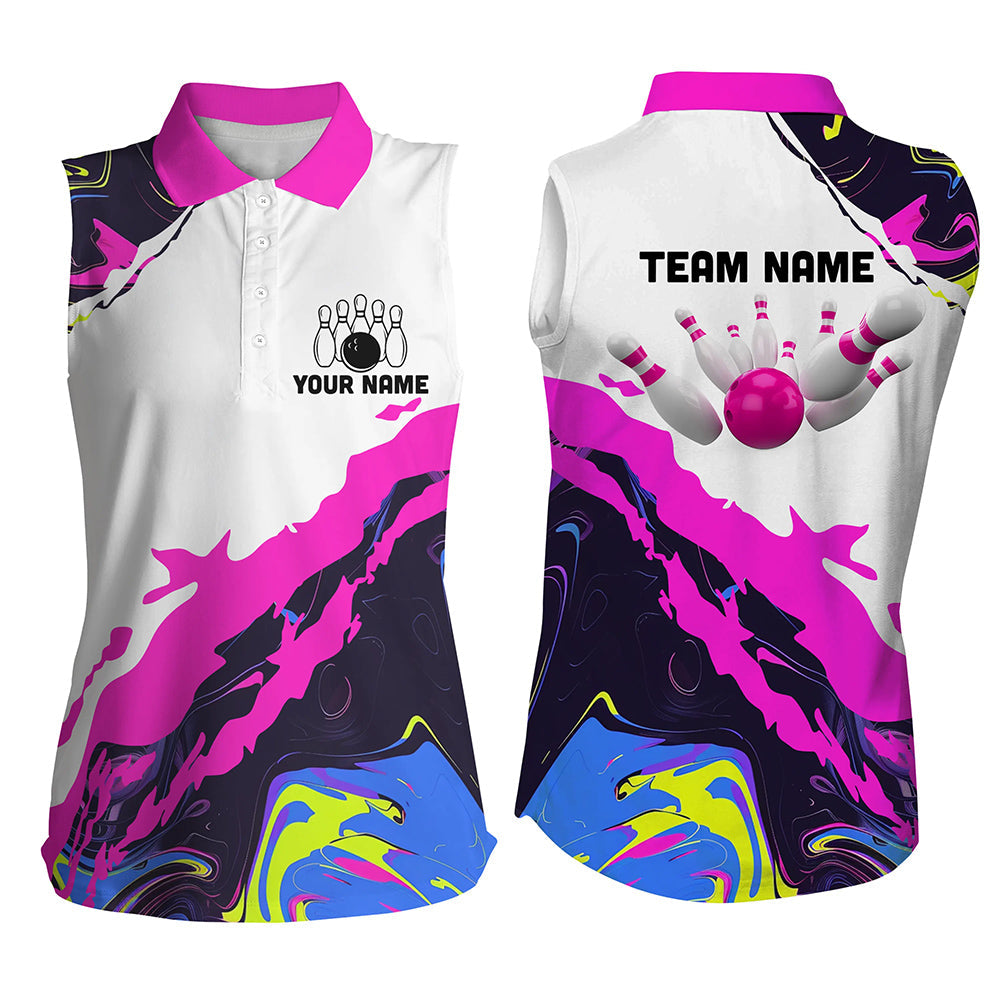 Women sleeveless polo shirt Custom Bowling ball and pins Team league Jerseys, gifts for bowlers | Pink NQS7283
