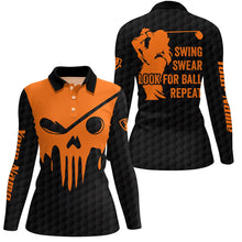 Load image into Gallery viewer, Swing swear look for ball repeat custom name orange golf skull black womens Halloween golf polo shirts NQS6591