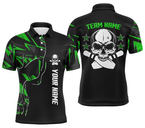 Bowling polo shirts for men custom name and team name Skull Bowling, team bowling shirts | Green NQS4553