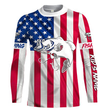 Load image into Gallery viewer, Largemouth Bass fishing American flag patriotic 4th July Customize Name UV protection UPF 30+ long sleeves fishing shirt NQS1957