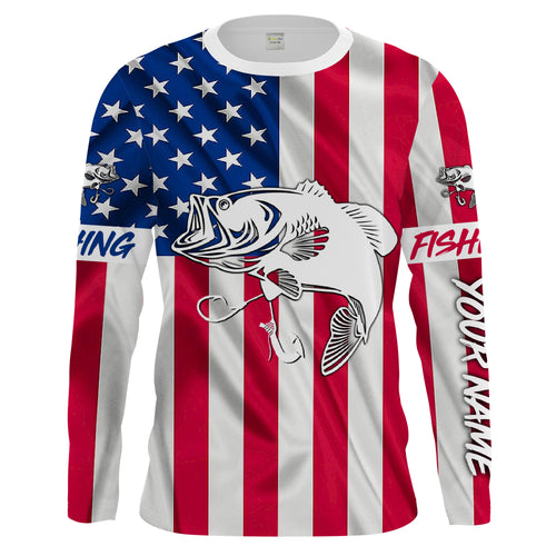 Largemouth Bass fishing American flag patriotic 4th July Customize long sleeves fishing shirt NQS1957